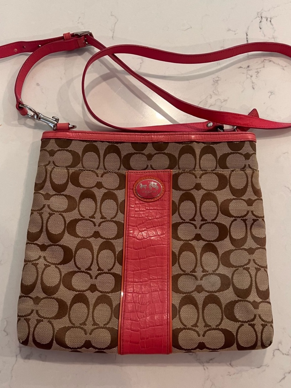 Coach Tan Signature Crossbody with Pink Trim